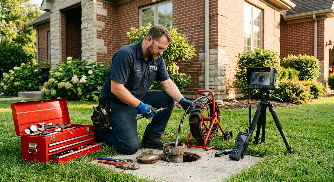 Sewer specialist with camera equipment servicing a cleanout in Coppell