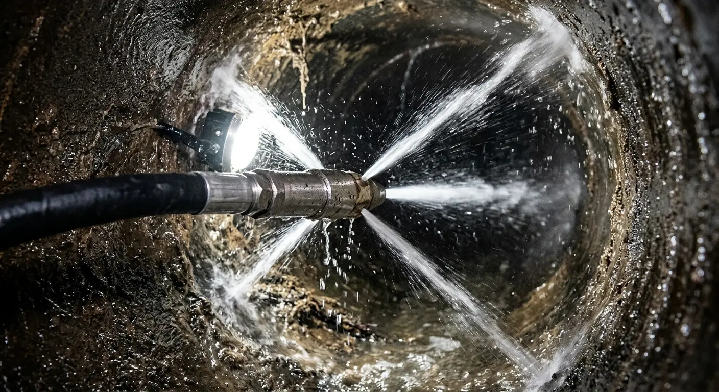 High-pressure hydro jetting nozzle cleaning sewer pipe for Storm Drain Cleaning in Coppell
