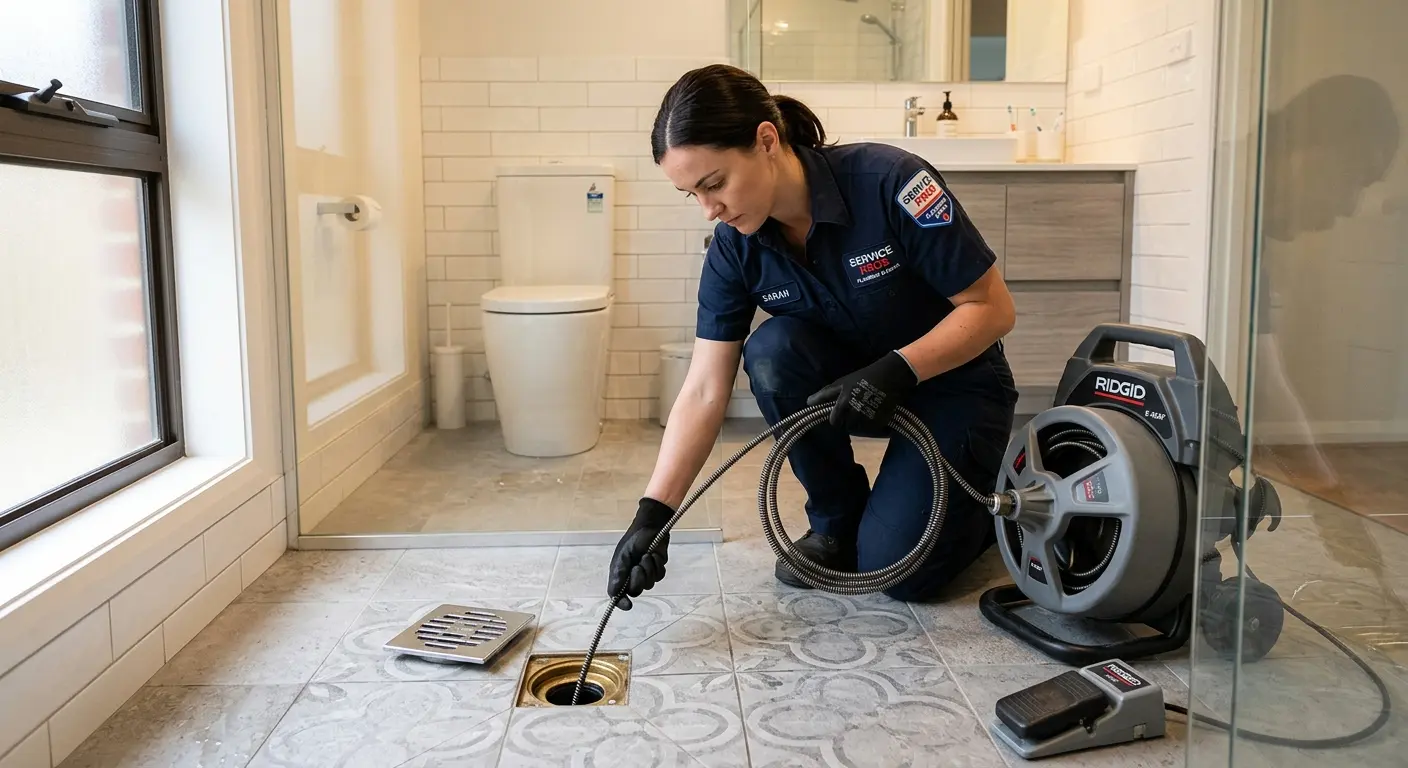 Technician clearing a bathroom floor drain for Sewer Line Installation in Coppell